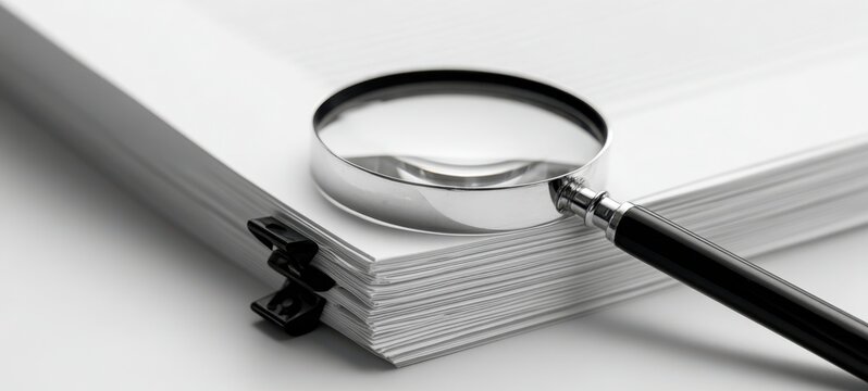 The magnifying glass highlighting important details on a stack of documents.