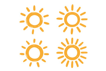 Set of hand-drawn sun icons. Cute doodle style vector illustrations. Yellow sunshine weather symbols. Summer sunlight sketch elements. Simple cartoon graphic design element.