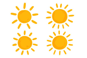 Fototapeta premium Cute sun collection in hand drawn doodle style. Set of four cartoon suns. Kids crayon drawing. Vector sunshine icons for summer weather design. Yellow isolated graphic element.