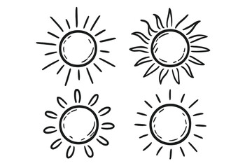 Doodle sun collection. Set of hand drawn cartoon sun icons. Cute summer sunshine sketch illustration. Simple black and white vector weather symbols for graphic design elements.
