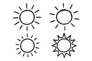 Naklejka premium Hand drawn sun icon set. Doodle sunburst collection. Sketch sunshine symbols. Vector cartoon illustration of summer weather signs. Black simple line art logo element.
