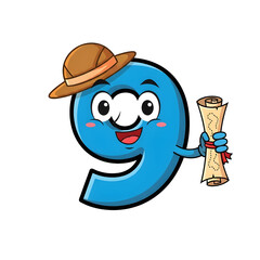 3d icon of a playful blue number 9 character wearing a brown adventurer hat and holding a rolledup treasure map, isolated on transparent background