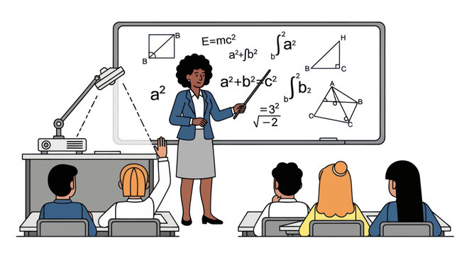 Black female teacher explaining complex math formulas and geometry on a whiteboard to students in a classroom.