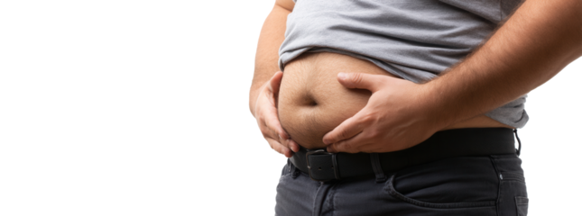 Close-up of an overweight man holding his belly highlights body weight and health awareness on a white background
