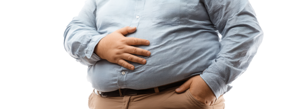 Overweight man holding his belly promotes healthy lifestyle choices in wellness journey - Powered by Adobe