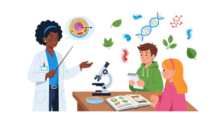 Teacher Explaining Biology to Students with Microscope and Diagrams.