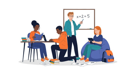 Diverse Students Learning with Teacher in Modern Classroom Setting.