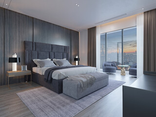 Luxury hotel room, bedroom interior. 3d render