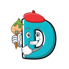 3d icon of cute cartoon letter d with a painters beret and brush, isolated on transparent background