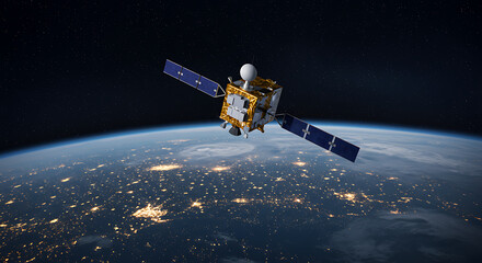 Obraz premium Satellite orbiting Earth, showcasing solar panels, antennas, and intricate structural components, capturing a night view.