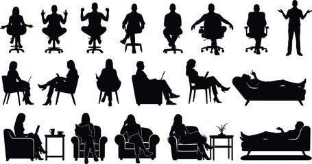 Therapy silhouette, counseling session, mental health support, psychologist office, emotional care, client interaction, psychotherapy icon, wellness illustration, vector art, black figures