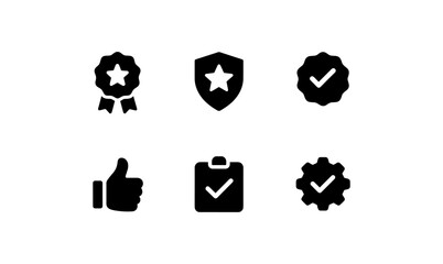 Set of black icons: award, shield, checkmark, thumbs up, clipboard, gear