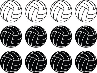 Collection of black and white volleyballs arranged in rows