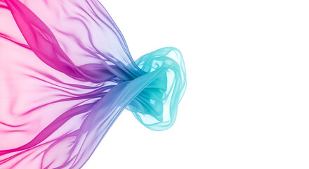 Floating sheer fabric in vibrant pink, purple and light blue colors on white background, light and elegant fabric texture in motion with bright modern colors