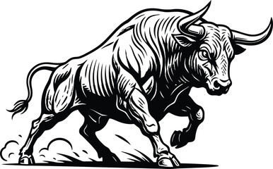 Obraz premium Powerful black and white illustration of a charging bull