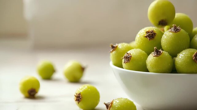 Amla or Indian Gooseberry close up shot, with its green color and water droplets for health and beauty products, food based presentations