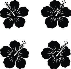Four black silhouette hibiscus flowers isolated on white background