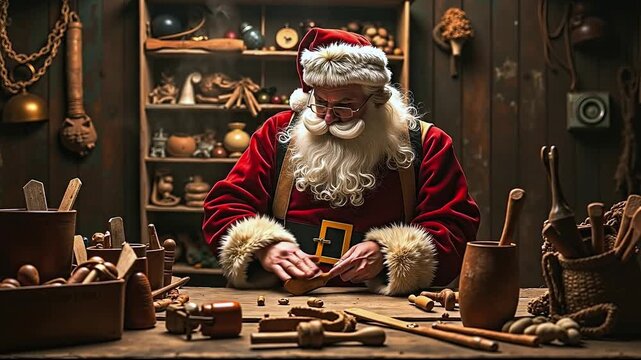 A man dressed as Santa Claus sitting at a table with tools