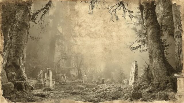 Antique cream paper background, video animation of a gothic graveyard in a forest. Sepia-toned vintage ephemera collage