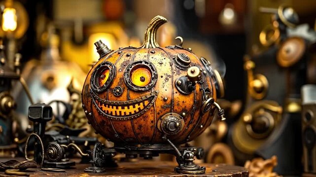 A steampunk pumpkin sitting on top of a wooden table