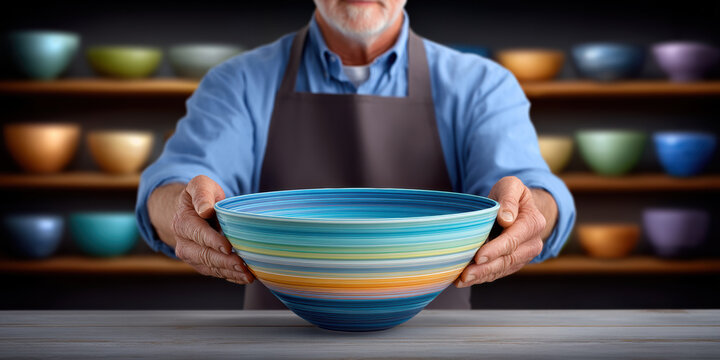 Small business potter offers colorful striped ceramic bowl with careful hands conveying craftsmanship and warm inviting emotion - Powered by Adobe