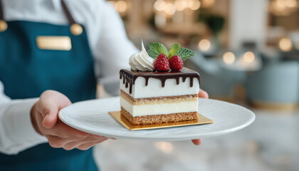 Small business pastry chef serves elegant layered dessert with chocolate drizzle raspberry and mint garnish creating inviting indulgent cafe moment