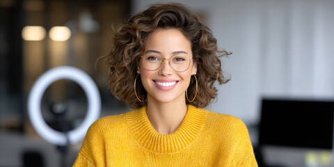 Young woman smiling in cozy small business office space wearing yellow sweater and glasses expressing confident friendly energy