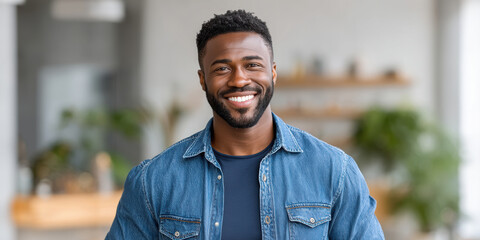 Fototapeta premium Friendly smiling man in denim shirt working at small business office creating welcoming customer service atmosphere