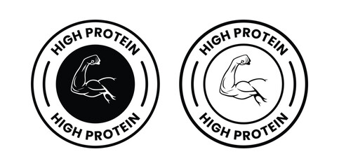 High protein food label emblem flat color vector illustration template design. high protein sign, logo, badge, icon, sticker, label, emblem, stamp, symbol, black, line, flat vector.