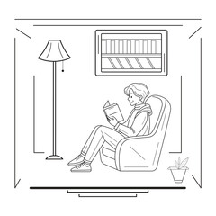 Vector line art illustration of a person sitting in a chair reading a book,
