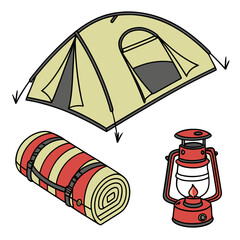 Camping gear featuring tent, sleeping mat, and lantern