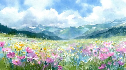 Obraz premium Flower field painting painting of vibrant flowers before distant mountains flower