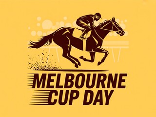 Vintage melbourne cup day illustration featuring a jockey riding a horse in a race