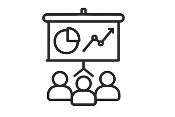 Business presentation vector icon with pie chart and growing line graph symbols, linear style diagram illustration of teamwork and data analysis on transparent background