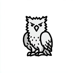 A minimalist, black and white illustration of a horned harpy eagle in a sticker format.  The eagle is rendered in a clean, high-contrast line drawing style with a simple, flat design.