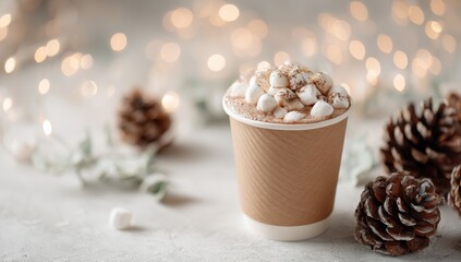 Warm hot chocolate topped with fluffy marshmallows in a cozy paper cup, surrounded by pine cone decorations and twinkling bokeh lights, creating a festive, inviting atmosphere.