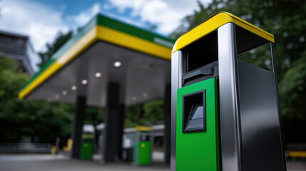 Gas station spot with bright green and yellow design in daylight