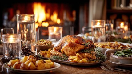 A cozy Christmas dinner table is beautifully set with a whole roasted turkey and delicious side dishes. Warm candlelight and a glowing fireplace create a welcoming atmosphere for family gatherings.