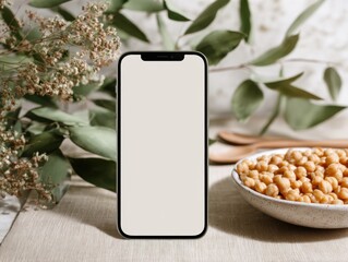 A minimalist setup featuring a phone mockup beside a bowl of rice and chickpeas on a beige tablecloth adorned with green leaves, evoking a clean and modern aesthetic.
