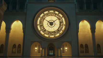 Grand clock tower illuminated at night, showcasing intricate architectural details and creating a majestic atmosphere in a historic setting