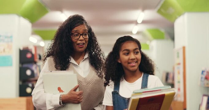 Teacher, child and smile in library with tour, surprise and preparation for test questions and education. Tutor, guide and support with girl for learning, wow and excited for exam or knowledge help