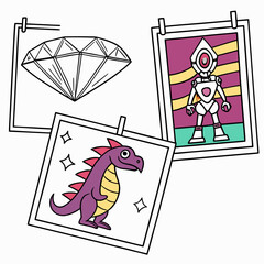 Drawings of diamond, robot, and dragon