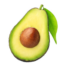 Half of black avocado with leaf isolated on white background