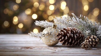 Christmas Tabletop: Frost-Dusted Pine Branches, Brown Pine Cones, Glossy Gold Bauble, Soft White Wood + Warm Golden Tree Lights Bokeh, Cozy Festive Vibe