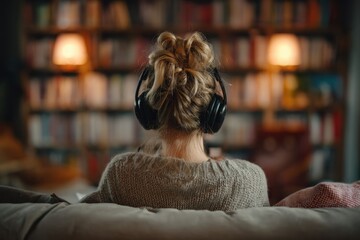 A relaxed woman with blonde hair in buns enjoys music on her couch, dressed in an oversized sweater. The cozy setting features bookshelves and soft lighting, creating a peaceful atmosphere.