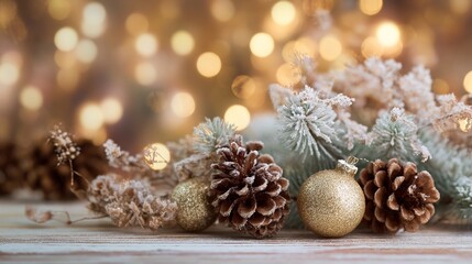 Christmas Tabletop: Frost-Dusted Pine Branches, Brown Pine Cones, Glossy Gold Bauble, Soft White Wood + Warm Golden Tree Lights Bokeh, Cozy Festive Vibe