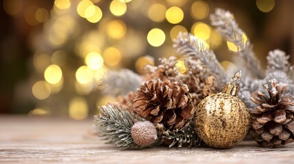 Christmas Tabletop: Frost-Dusted Pine Branches, Brown Pine Cones, Glossy Gold Bauble, Soft White Wood + Warm Golden Tree Lights Bokeh, Cozy Festive Vibe