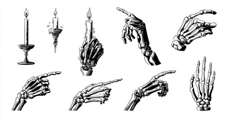 A striking collection of monochrome line art featuring skeleton hands elegantly holding a candle and pointing in various directions, set against a clean white background.