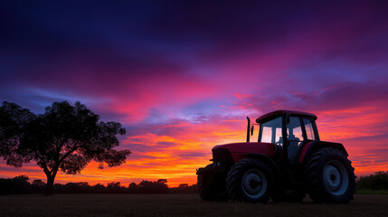 Obraz premium Tractor silhouetted against a colorful sunset in a rural landscape