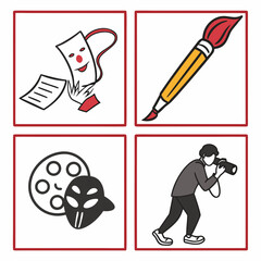 Icons representing various art forms, including theater, painting, film, and photography